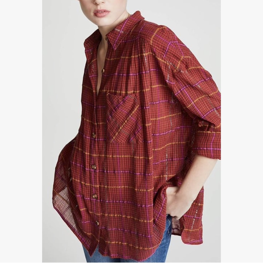 Free People Break My Stride Red Plaid Oversized Button Down Shirt Size Medium